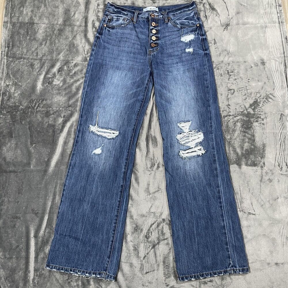KanCan Wide-Leg Jeans Womens 9/28 Blue Medium Wash High Rise Distressed Denim